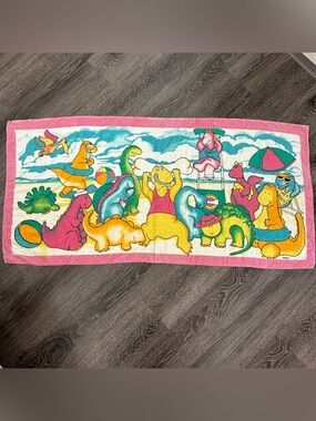 Vintage RA Briggs Dinosaur Cartoon Kids Beach Towel 49x24” Retro 90s 80s Pool